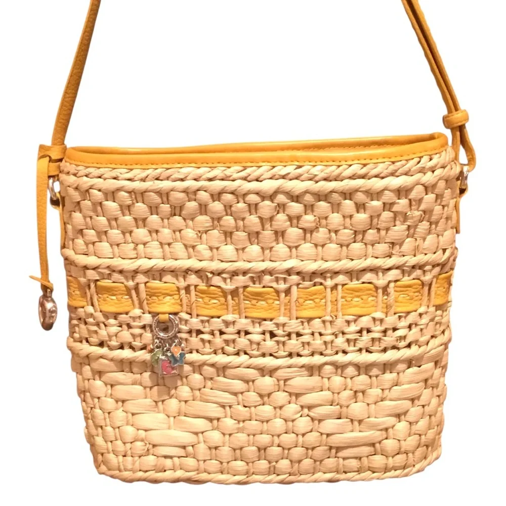 Brighton Carmella Straw Crossbody Yellow Leather Trim Medium Bucket Shoulder Bag
